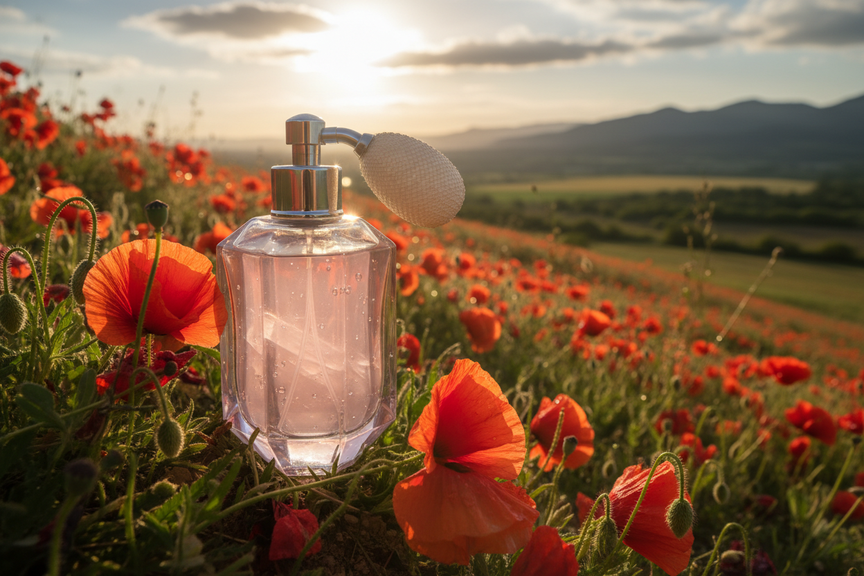 a pink elegant crystal perfume bottle sitting on a hill of poppies