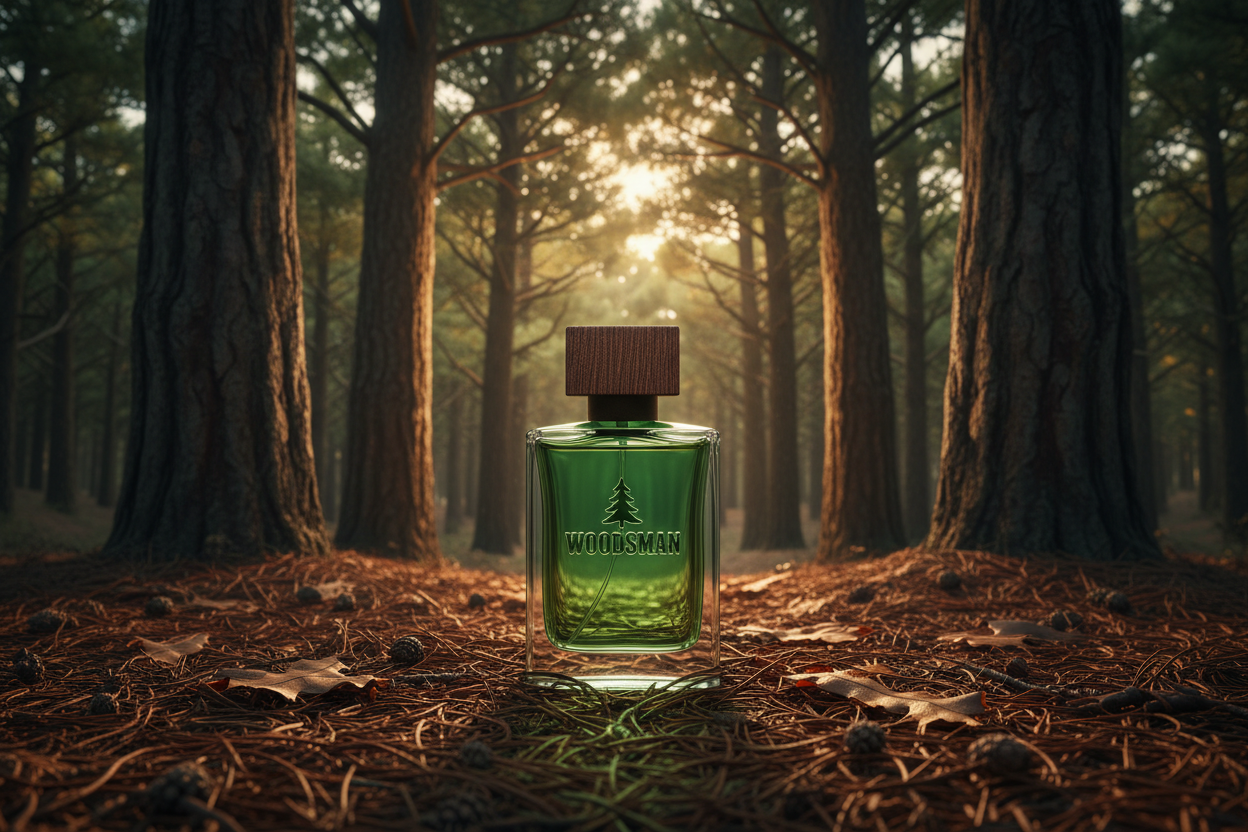 green perfume bottle masculine in a pine forest