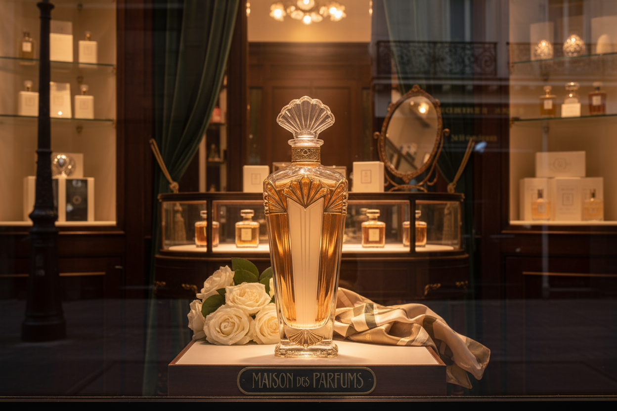 A bottle like Coty Chypre perfume in the window of high end Parisian shop window