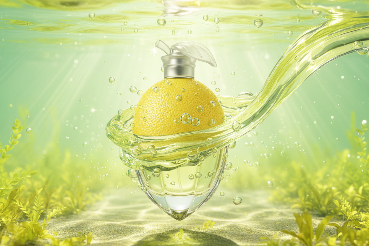 a bright yellow green aquatic background with a perfume bottle that looks like a lemon