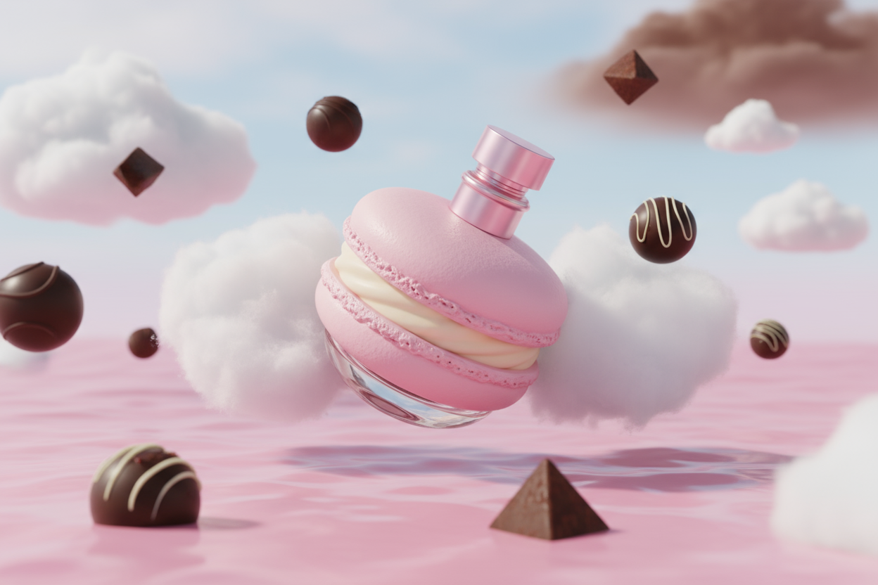 A perfume bottle shaped like a macaron floating in a pink sea with white cotton candy clouds and chocolate bon bons floating with it