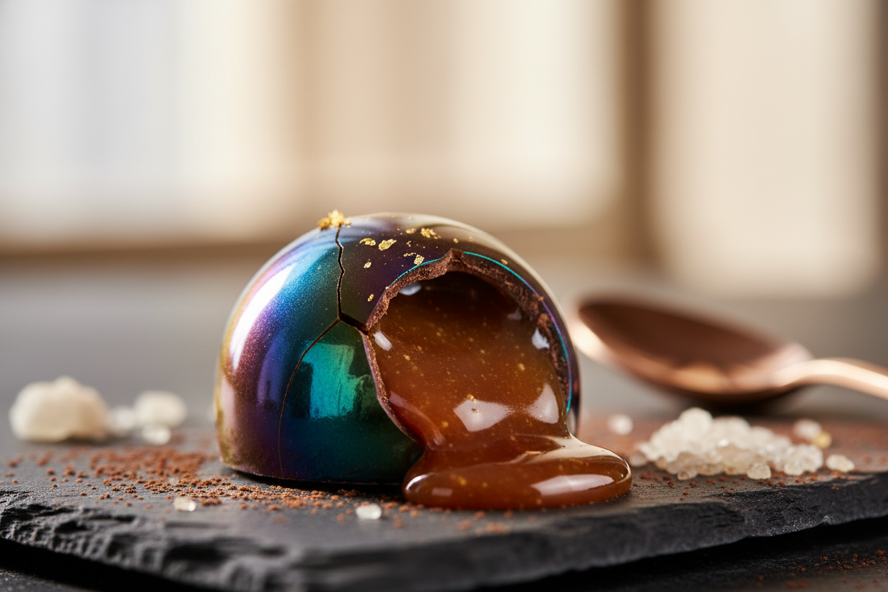 colourful shiny chocolate bon bon with oozing filling