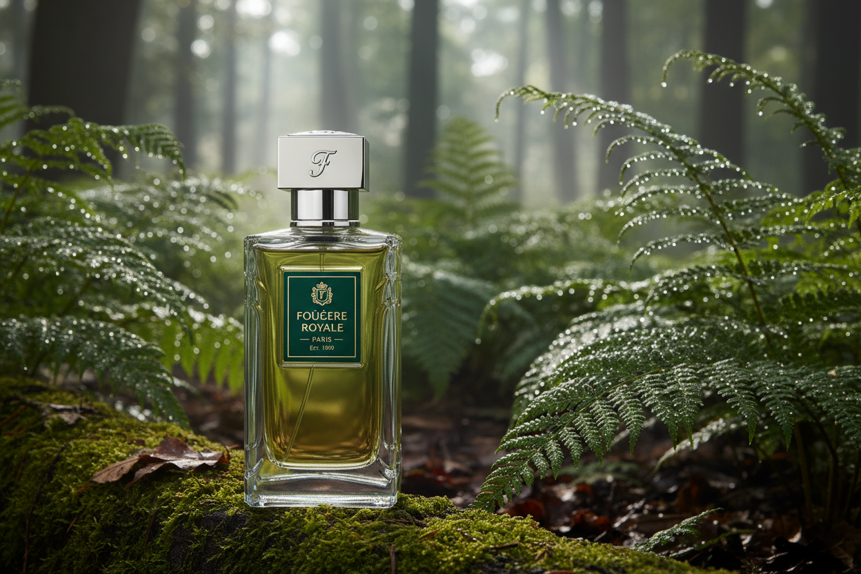 Distinguished perfume bottle of Fougere Royale against dewy forest ferns
