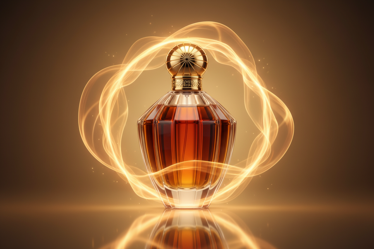 perfume bottle with amber colours and aura